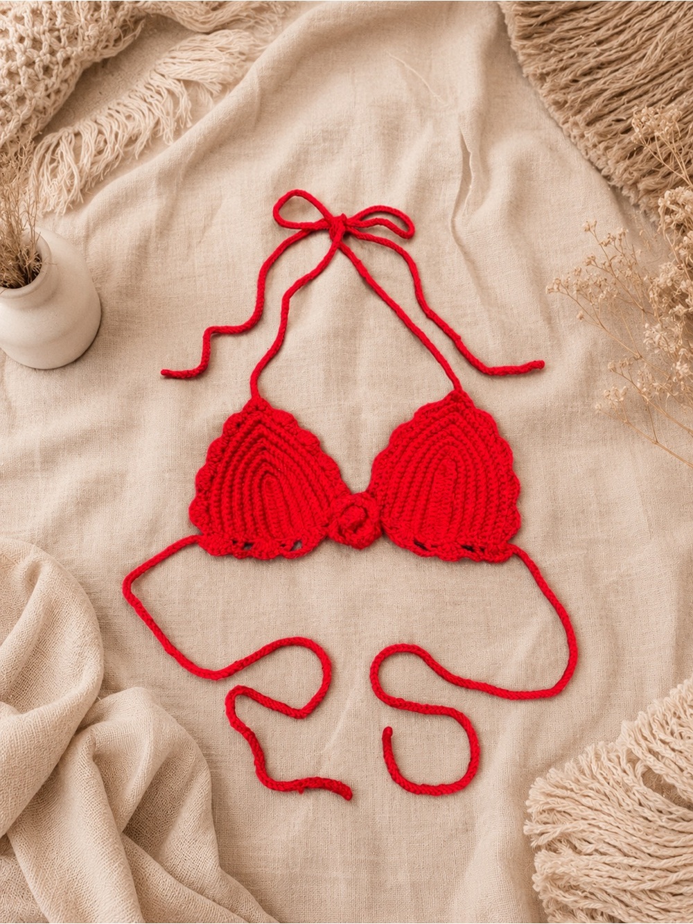 Handmade Red Crochet Bikini Ruffle Stitch Floral Top